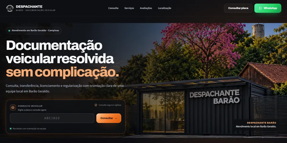 Página inicial do site do Despachante Barão